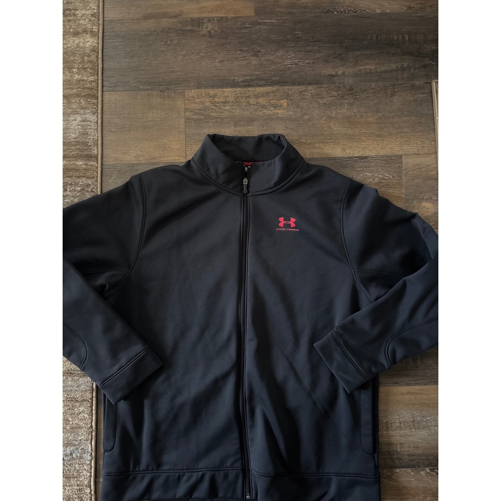 Under Armour Storm Mens 2XL Black Full Zip Fleece Jacket Red Logo Loose Fit